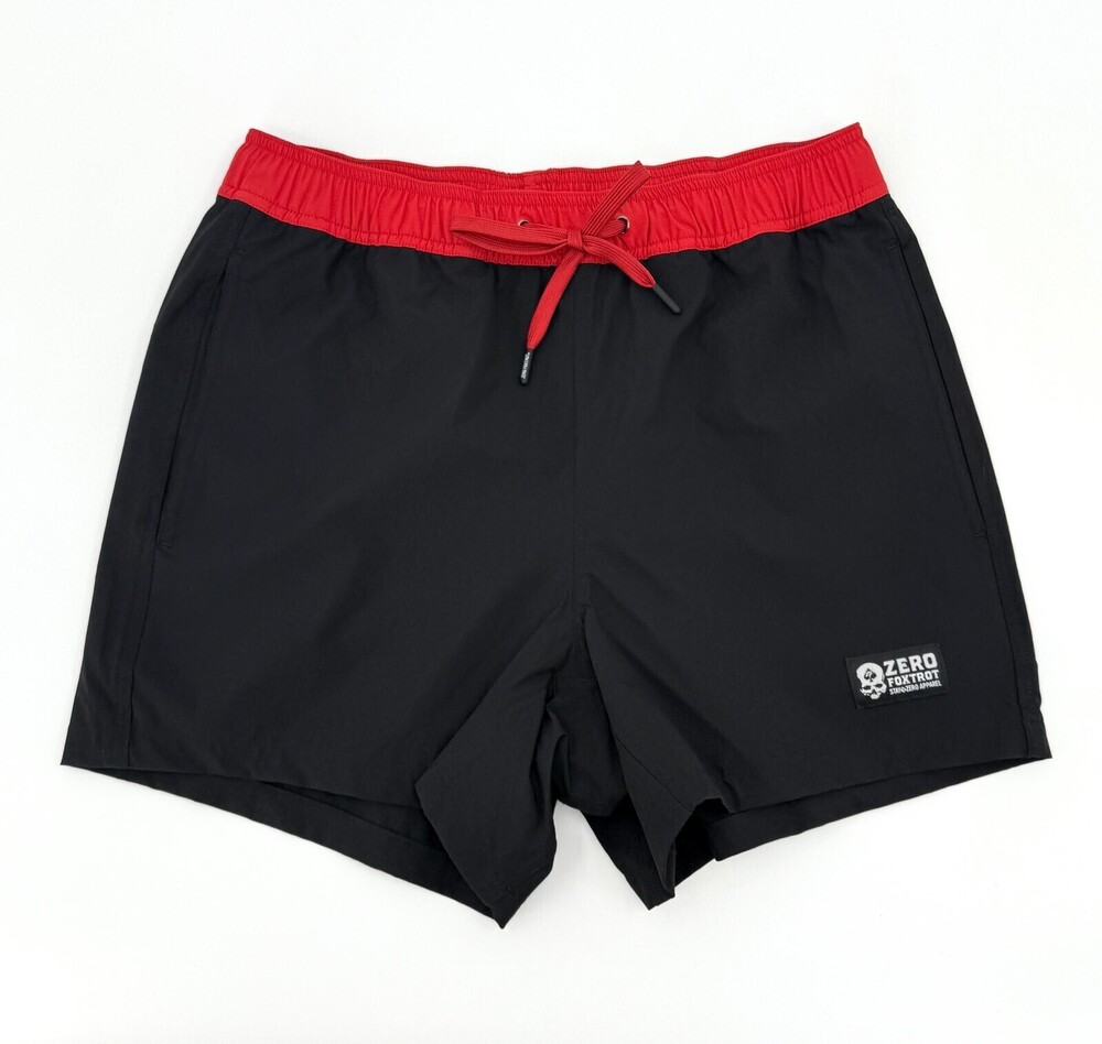 Zero Foxtrot Shorts Mens Medium Black Red Swim Trunks Stretch Drawstring Lined